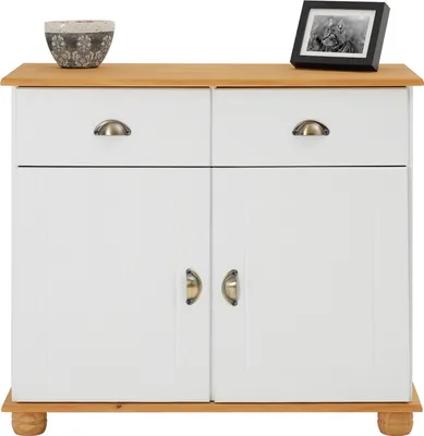 Produktbild von Kommode COLMAR 90cm breit, Weiß/Braun – schmales Sideboard im Landhausstil, 2 Türen und 2 Schubladen, Kiefer Massivholz, und Muschelgriffe aus Metall, ideal für Flur, Wohnzimmer oder Küche