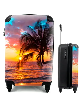 Produktbild von MuchoWow® Koffer Handgepäck Trolley Rollkoffer Kleine Reisekoffer mit 4 Rollen - Palme - Sonnenuntergang - Strand - Meer - Horizont - Cabin Size < 55x40x23 cm & 55x40x20 cm - Fotokoffer - Kabinenkoffer - Boardgepäck - Reise-Box - Reisekoffer - Reisegepäck - Koffer mit Bild - Trolley für Kinder