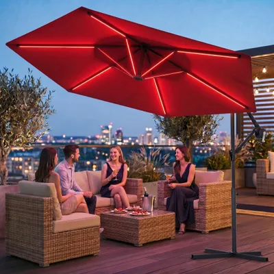 Image de Parasol de luxe LED avec éclairage RGB, télécommande incluse,APP, parasol ampli, parasol de jardin 350 cm - rouge