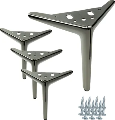 Image de jeu de 4 pieds de meuble en noir et chrome, hauteur 18 cm - Pieds élégants et robustes avec finition brillante pour un design intérieur minimaliste et un montage stable.
