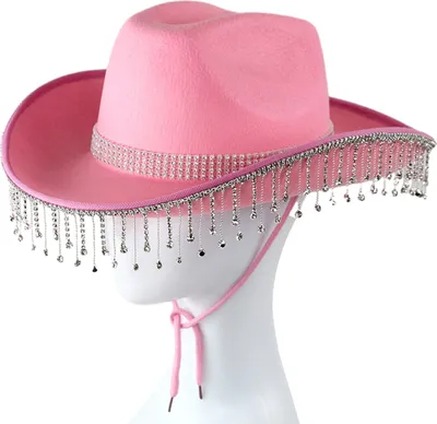 Produktbild von Strass-Cowgirl-Hut im Retro-Western-Stil mit verstellbarer Krawatte, Fransen-Strasshut für Cosplay-Partys-Rosa
