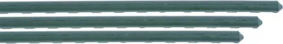 Three green garden stakes are lined up horizontally against a white background.