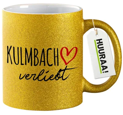Produktbild von Huuraa Glitzertasse Kulmbach verliebt 330ml Gold Keramik Kaffeebecher Geschenkidee
