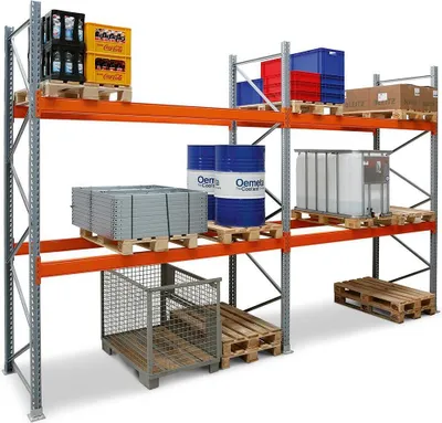 Produktbild von Palettenregal TAURUS | Grundregal | Extra-Tall | HxBxT 450x270x110cm | Fachlast 2000kg | 3 Ebenen | Silbergrau/Reinorange