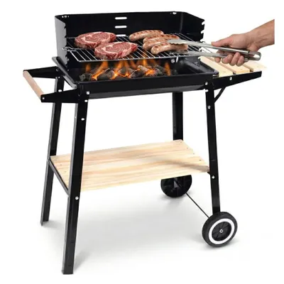 Produktbild von Holzkohlegrill Garten 53x33 cm mit Ablage Rollen und Warmhalterost schwarz groß