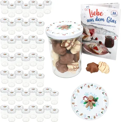 A collection of glass jars, a jar filled with cookies, and a recipe book, arranged on a white background.