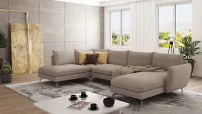 Produktbild von S-STYLE MÖBEL - Frema Wohnlandschaft mit Silber Metall Füßen aus Dunkelbeige Luxusmicrofaser - Ottomane rechts, B/T/H: 336 cm/ 200 cm/ 87 cm