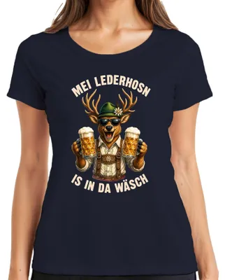 Obrázok produktu pre Mei Lederhosn – pánske tričko s motívom pivovaru Hirsch, štýl tradičného nemeckého odevu "Lederhosen", modrej farby, veľkosť L
