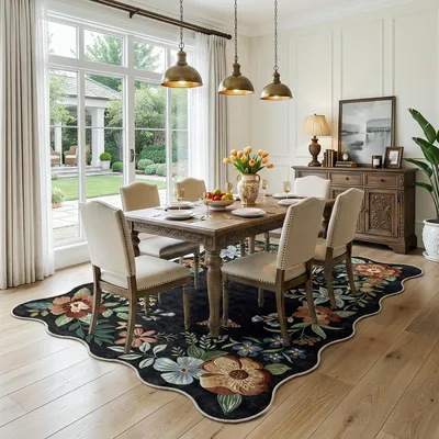 Produktbild von Teppich mit schwarzem Blumenmuster, 120 x 170 cm, waschbar, für Wohnzimmer