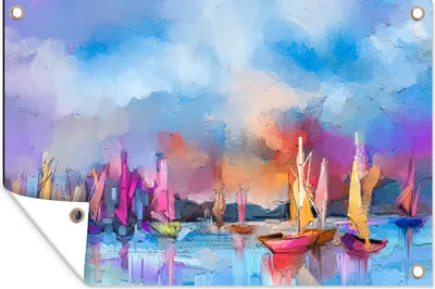 Produktbild von MuchoWow® 60x40 cm Outdoor-Poster Gartendeko Sichtschutz Garten Poster für den Garten  Malerei - Boote - Wasser