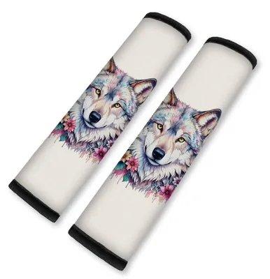 Immagine prodotto di 2 protezioni per cintura di sicurezza per auto, motivo fiori e lupo, in neoprene, dimensioni 28x6 cm