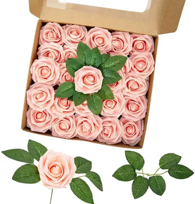 Image de Roses artificielles - Lot de 25 - Réalistes - Avec tige - En polyester - Pour bouquets de mariage - Pour décoration de table - Beige
