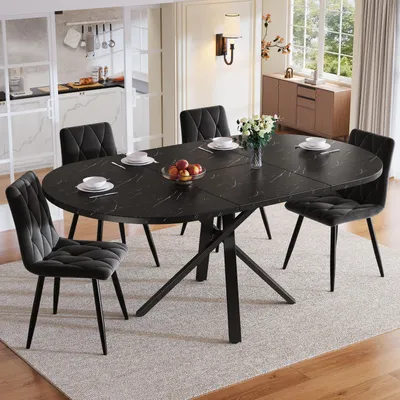 Productafbeelding van Flieks 5-delige eettafelset met een ronde uitschuifbare tafel, 4 fluweelzachte stoelen. Eetset voor 4-6 personen met een praktische uitschuiffunctie, zwart
