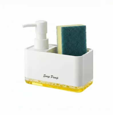 Image de Distributeur de savon avec support pour éponge (blanc), distributeur de liquide vaisselle avec support pour éponge, distributeur compact 2-en-1 de liquide vaisselle pour évier et plan de travail.