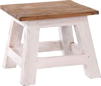 Produktbild von LS-LebenStil Vintage Teak Holz Fuß-Hocker Braun Weiß 26x26cm Tritthocker Schemel Fußbank Fußschemel Sitzhocker Badhocker Blumenhocker Pflanzenhocker
