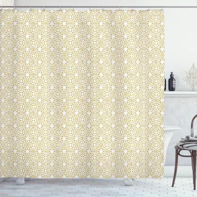 Image de ABAKUHAUS Rideau de douche géométrique, motif géométrique girih avec étoile simple inspiré des ornements anciens, 175 x 220 cm, jaune terre et blanc