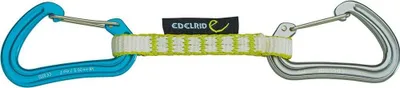 Edelrid Nineteen G Set; bestehend aus zwei blauen Karabinern und einem grünen Band; geeignet für Klettern.