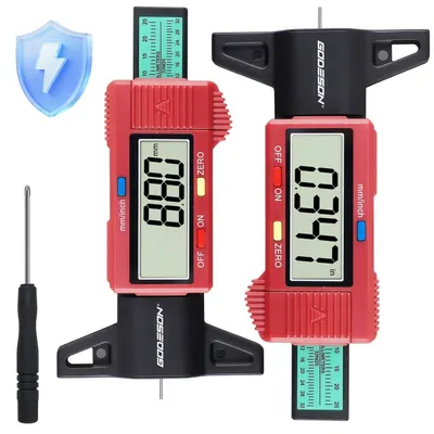 Obrázek produktu pro Digitální měřič hloubky dezénu pneumatik, 2 kusy, rozsah 0-25,4 mm, LCD displej, úsporný režim, červená barva, pro automobily, nákladní vozidla, motocykly