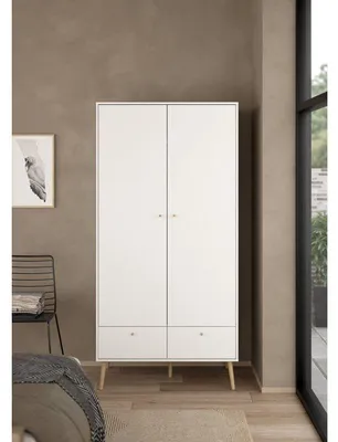 Image de Armoire de chambre - BODO - Blanc mat - 2 portes - 2 tiroirs - 98,7 x 58,1 x 200,1 cm