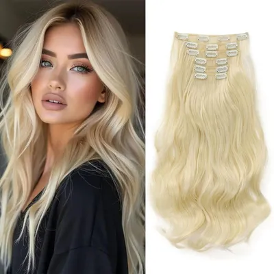 Immagine prodotto di Estensioni per capelli a clip, 48 cm, onde, biondo platino, 6 pezzi, in fibra sintetica