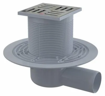 Produktbild von AlcaDrain Bodenablauf 105×105/50 mm mit einem waagrechten Abgang, Edelstahl Rost, Geruchsverschluss mit Sperrwasser