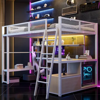 Produktbild von Merax Etagenbett Hochbett 140x200cm, mit Schreibtisch,LED-Beleuchtung, Schubladen, Ladestation, Regale, Kinderbett, Stockbett, Jugendbett, Weiß