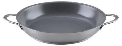 A single frying pan with two handles, shown from a slightly elevated diagonal angle.