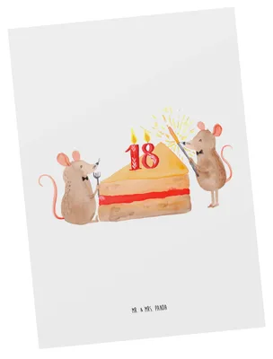 Produktbild von Mr. & Mrs. Panda Postkarte 18. Geburtstag Mäuse Kuchen - Weiß - Geschenk, Happy Birthday, Postkarten, Hungrig, Geburtstage, Ansichtskarten, Kuchenliebe, bildkarte
