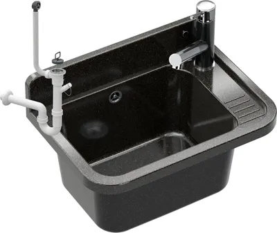 A black sink with a faucet and plumbing is shown against a white background.