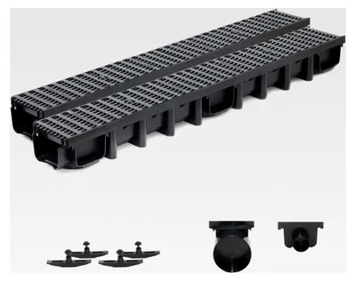 Produktbild von 2m Entwässerungsrinne B125, 98mm komplettes SET Stegrost Kunststoff (schwarz)