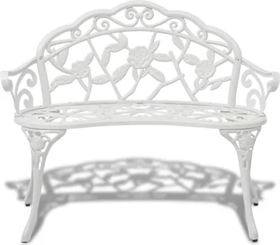 A white cast aluminum garden bench with a rose design.