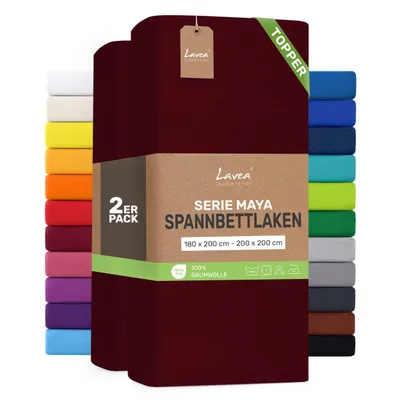 Produktbild von Lavea® 2er Pack Topper Spannbettlaken 180/200x200 cm, Bettlaken aus 100% Baumwolle Jersey – Für Topper bis 10 cm Höhe – Weich, Bordeaux