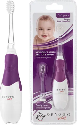 A product shot of a baby toothbrush in its packaging, alongside a separate toothbrush.