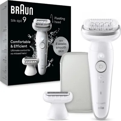 A white Braun Silk-épil 9 epilator is shown with its accessories and packaging.