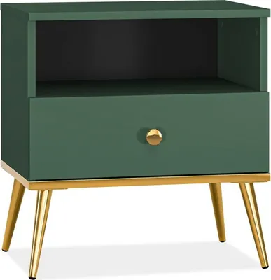 A green nightstand with gold legs and a gold drawer pull, shown against a white background.