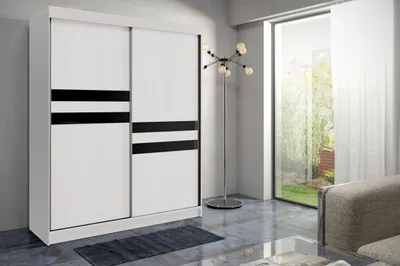 Produktbild von Krudox AST Kleiderschrank Weiss Schwarz 150x200x62 cm Schiebetürenschrank mit Schwarz Lacobel Kleiderstange Schlafzimmer