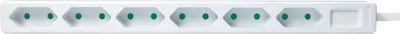 A white power strip with six Euro-style outlets and a power cord.