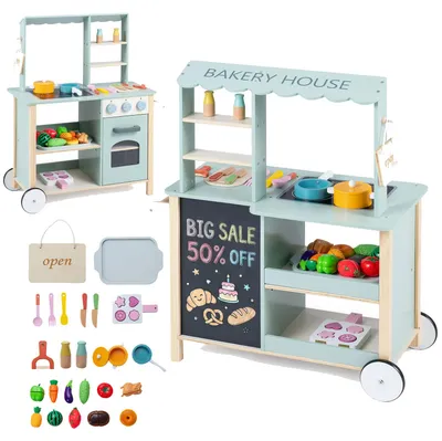Produktbild von KOMFOTTEU Spielküche aus Holz, Kinderküche mit Schiebegriff & 2 Rollen