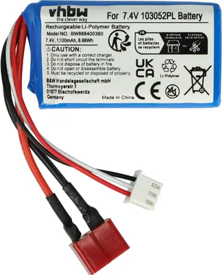 Produktbild von vhbw Akku kompatibel mit T-System AWG16 Stecker für Modellbau z.B. Racing Car, Helikopter, Flugzeug (1200mAh, 7,4V, Li-Polymer, 58 x 31 x 19 mm)