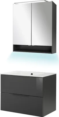 Produktbild von Fackelmann LUNA Badmöbel Set 4-teilig, 80 cm breit, Anthrazit, Keramik, LED Spiegelschrank