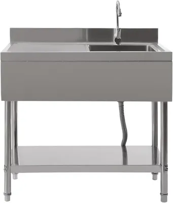 Productafbeelding van RVS keukenkraan, spoelbak met één kom, professionele spoelbak, RVS wasbak, losstaande spoelbak met filtermand, commerciële losstaande spoelbak, buitenkeuken spoelbak, 100 x 60 x 80 cm