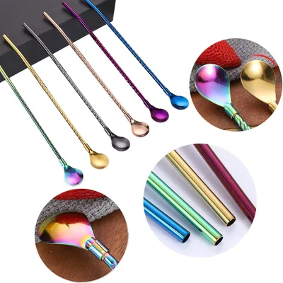 Produktbild von Edelstahl wiederverwendbare Strohhalme - 14 Stück, 2-in-1 Löffelstrohhalme, ideal für Cocktails und Latte Macchiato