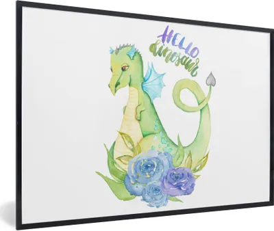 Produktbild von MuchoWow® Gerahmtes Poster Dinosaurier - Rosen - Kinderzimmer - Jungen - Mädchen - Kinder 90x60 cm - Poster mit Schwarzem Bilderrahmen Wandposter Rahmen Foto Bilder - Fotorahmen - Foto-Plakat