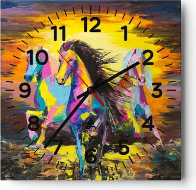 Produktbild von Wanduhr - Quadrat - Glasuhr - Pferd Natur Tier - 40x40cm - Schleichendes Uhrwerk - Lautlos - zum Aufhängen bereit - Dekoration Modern - Wanddekoration aus Glas - C4AC40x40-3433