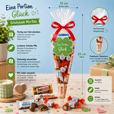 Produktbild von Eine Portion Glück Schokolade Mix-Tüte 200 g – Süße Geschenkidee als Glücksbringer – Candy & Bar®, KI-generiertes Bild
