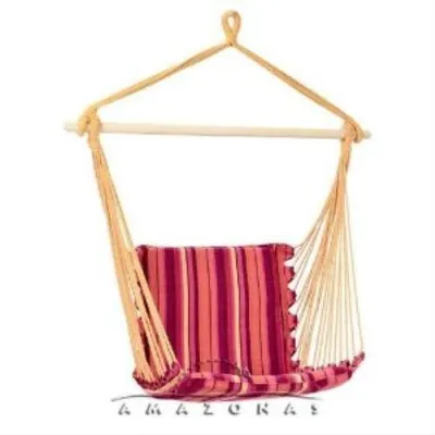 A hanging chair with a striped cushion is shown against a white background.