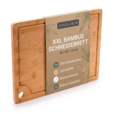 Produktbild von hausleben Schneidebrett aus Bambus 40x30x1,5 cm – Großes Küchenbrett mit Saftrille & Griffloch – Robustes Holz Tranchierbrett & Hackbrett für Fleisch
