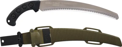 A silkey handsaw and its sheath are displayed against a white background.