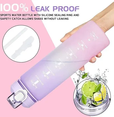 Produktbild von Famanu Wasserflasche 1 Liter mit Strohhalm und Zeitmarkierungen - Lila