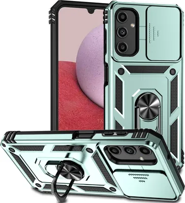 Image de Étui pour Samsung Galaxy A14 5G étui double couche avec couvercle coulissant pour l'appareil photo et anneau de support vert